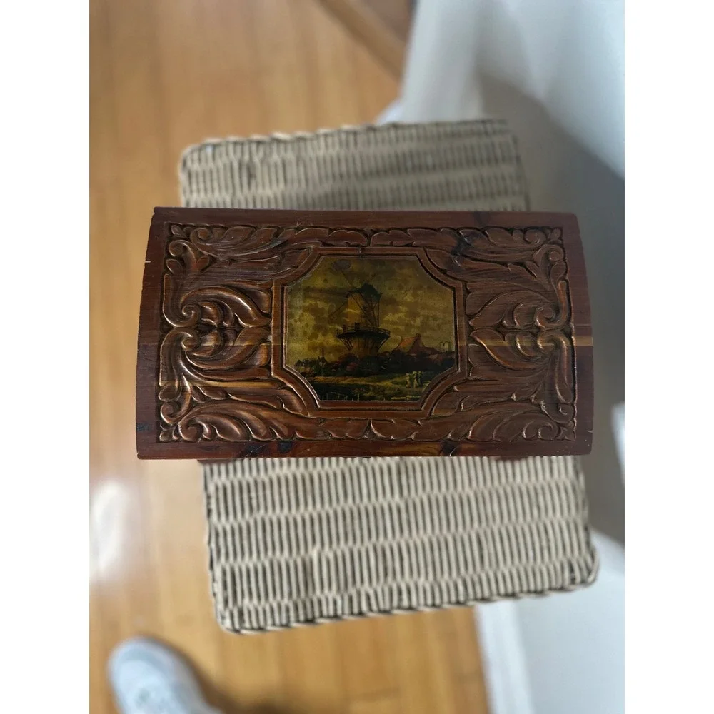 Vintage Hand Carved Cedar Wood Jewelry Box etched Mirror Windmill Footed 50s